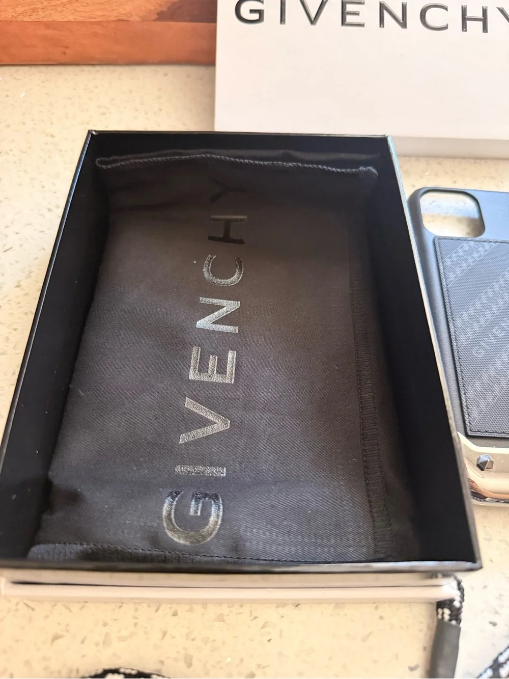 NWT Givenchy Black Leather Card Pocket Phone Case with Black-White Lanyard